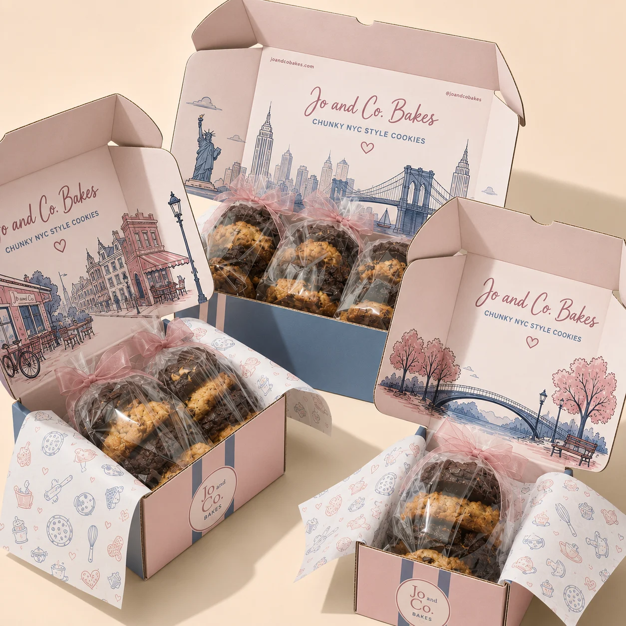 Jo & Co. cookie boxes, ribboned and ready to go out
